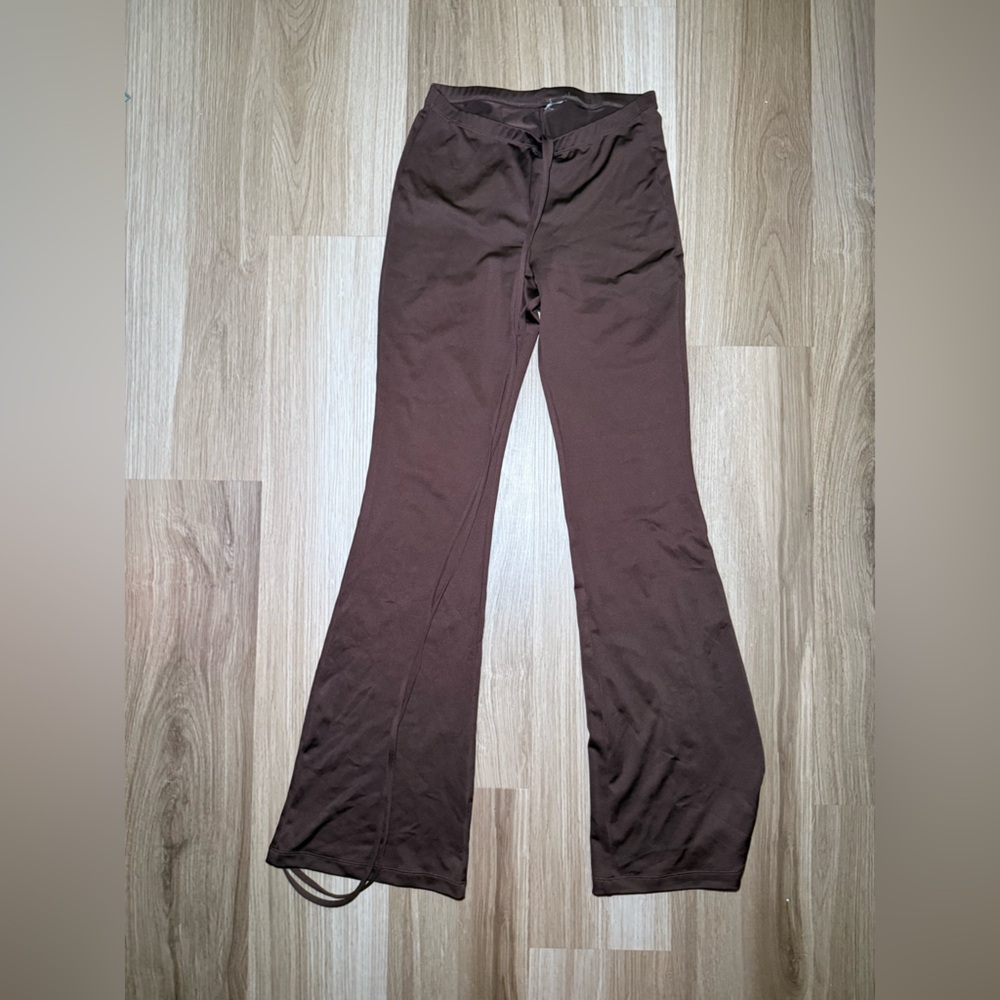 Dark brown flare pants with waist tie